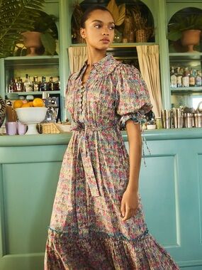 HUNTER BELL THERESA Puff Sleeve Belted Midi Dress Made with Liberty Fabric S NWT
